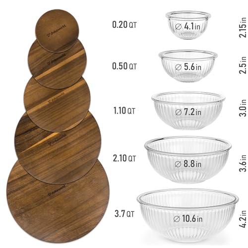 Stackable Glass Mixing Bowls with Acacia Lids Set of 5