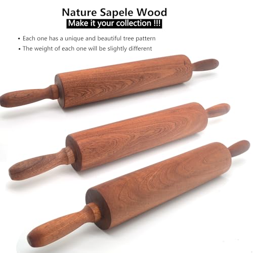 Classic Sapele Wooden Rolling Pin With Handles Large17.3"L x 2.3"W