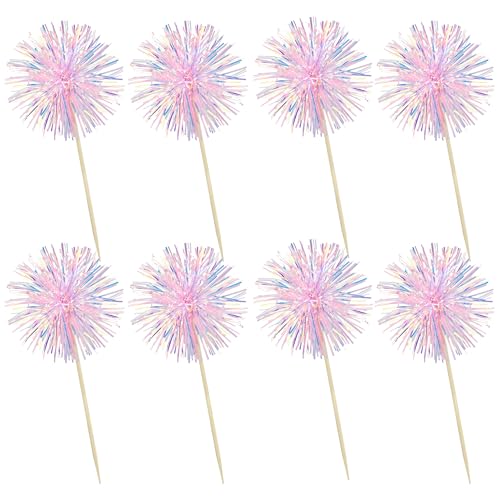 30Pcs Foil Firework Cupcake Toppers Happy Birthday Cake Toppers Tinsel Flower Drink Stirrers Cocktail Food Fruit Toothpicks for Valentine's Day Party Decorations Pink (30 Count)
