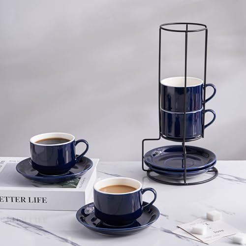 8 Ounce Porcelain Stackable Cappuccino Cups and Saucers Set of 4 (4 Count)