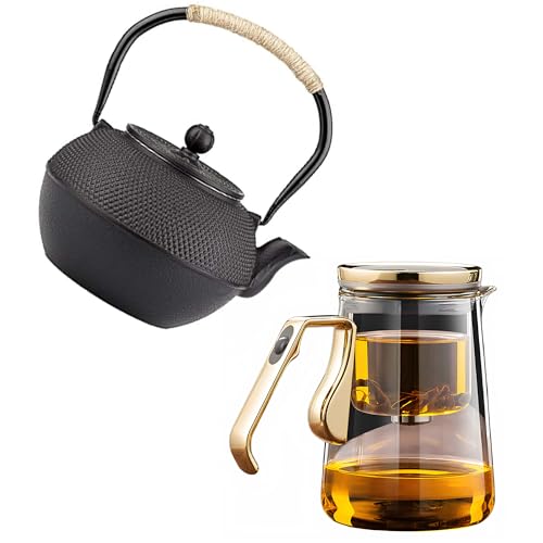 25.4oz Magnetic Glass Teapot Set with 40.6oz Cast Iron Tea Kettle for Stovetop