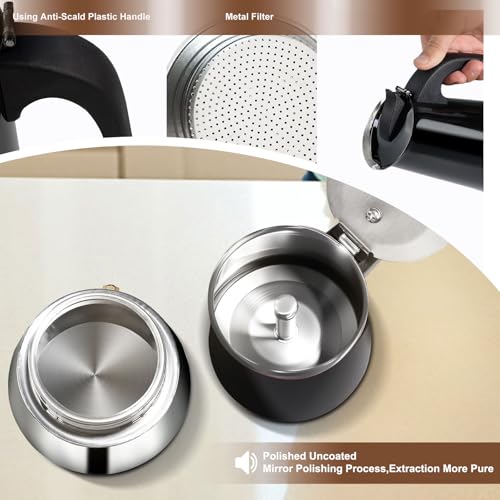 2 Cup Stovetop Espresso Maker Stainless Steel Moka Pot Stove Top Percolator Italian Coffee Makers Capable Mocha Greca Machine Cafe Classic Induction Cookers for Home and Camping 100ml 3.3oz