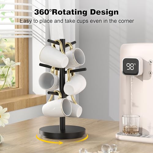 Coffee Mug Holder Tree Upgraded 360Rotated Cup Holder for Counter Black Wood Cup Tree Mug Rack Organizer Stand with 6 Hooks for Kitchen Coffee Bar Accessories