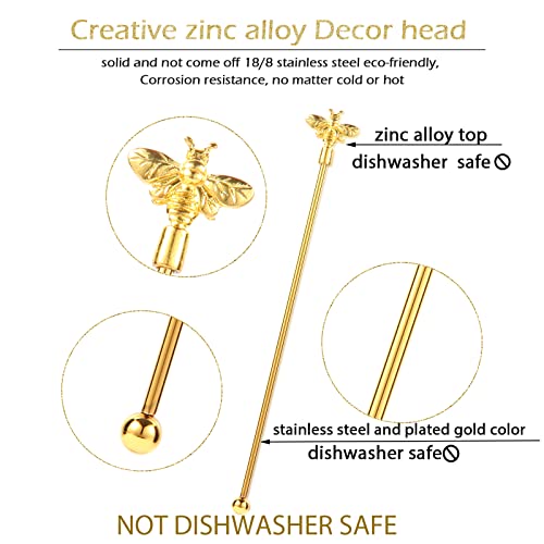 4Pcs Bumble Bee Cocktail Stirrers Swizzle Sticks Stainless Steel 7.5" Coffee Beverage Stir Sticks with Gold Decor Top for Mixing Cocktail