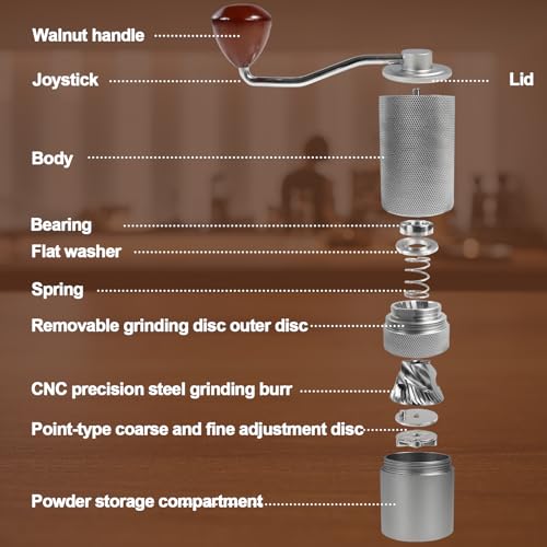 Manual Coffee Grinder Gift Box Detachable Stainless Steel Conical Burr Aluminum Coffee Bean Grinder with 25 Grinding Settings Cleaning Brush Grindable Espresso Moka Pot for Camping Silver