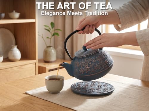 40 Oz Blue Maple Leaf Cast Iron Teapot