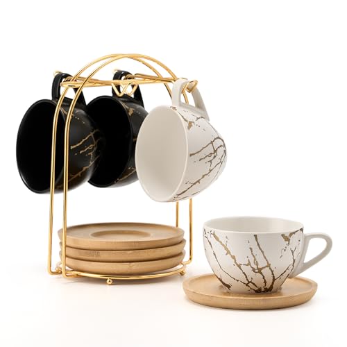 Ceramic Demitasse Espresso Cups Set with Saucers and Metal Stand (4 Count)