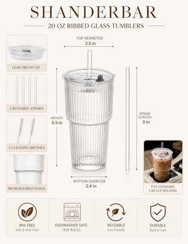 20 oz Ribbed Glass Tumblers with Lids and Straws (4 Count)