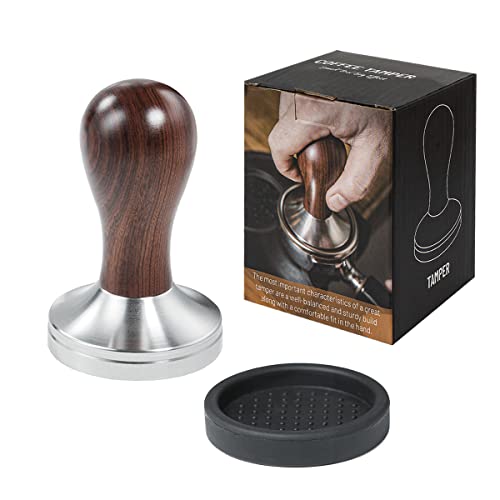 Coffee Tamper Espresso Press with Tamper Mat 304 Stainless Steel Flat Base Wooden Handle for Coffee Grounds Barista Espresso Machines Accessory