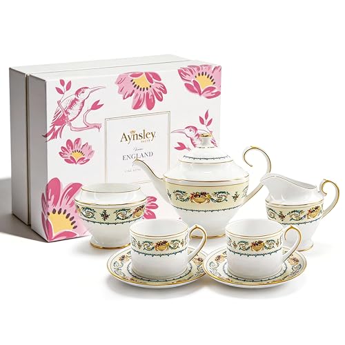 7 Pieces Porcelain Bone China Tea Sets Gold Rim Coffee Set British Tea Cups and Saucers