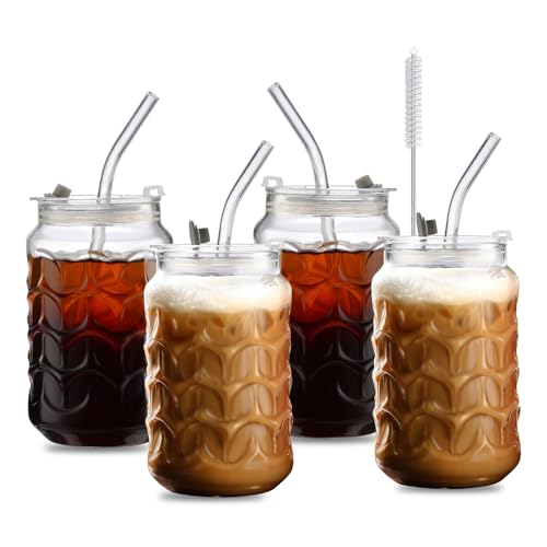 4 Pack 18oz Borosilicate Glass Cups with Leakproof Lids & Straws (18 Count)