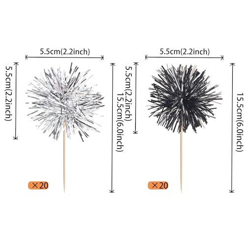 40 PCS Foil Firework Cupcake Toppers Sparkle Tinsel Cupcakae Picks Foil Firework Party Decorations Cocktail Fruit Toothpick for Fireworks Theme Birthday Wedding Graduation Party Decor Black Silver (40 Count)