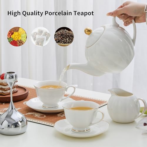 36oz White Porcelain Teapot with Gold Trim