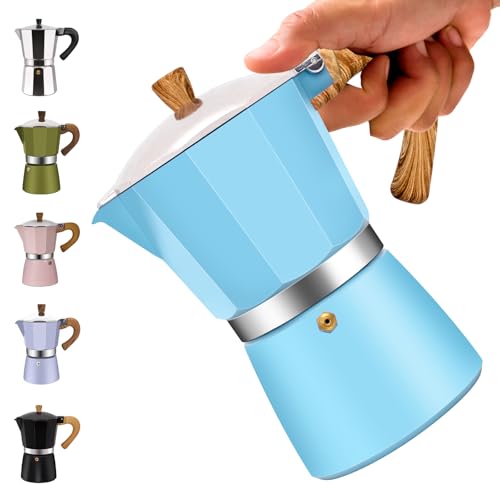 6 Cup Aluminum Moka Pot Classic Stovetop Espresso Coffee Maker 300ml 10oz Coffeemaker Percolator Mocha Pot Greca Coffee Maker Cafe Makers for Italian and Cuban Café Brewing Blue