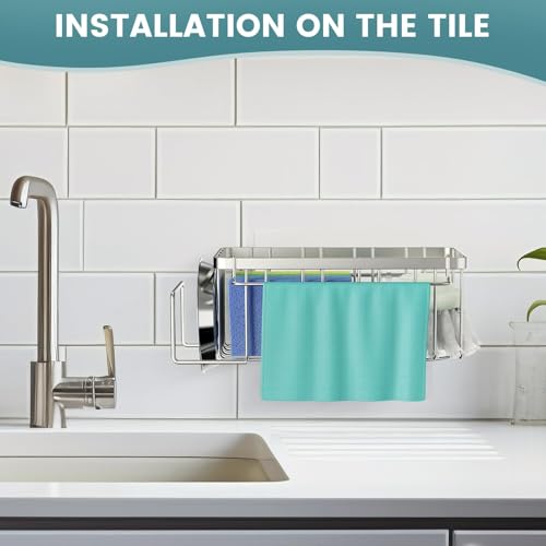 4-in-1 Sponge Holder for Kitchen Sink, Sink Caddy Organizers, Silver