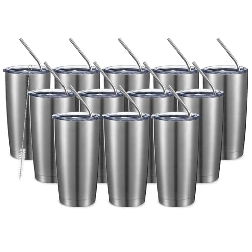20oz Stainless Steel Tumbler Double Wall Vacuum Coffee Cup Insulated Travel Mug with Lid and Straw Durable Powder Coated Insulated Coffee Cup for Cold & Hot Drinks (12 Count)