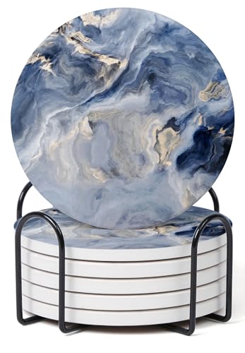 Set of 6 Navy Blue Marble Coasters with Holder (6 Count)