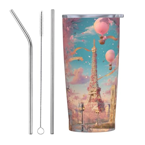 Paris Eiffel Tower Tumbler with Lid and Straw 20oz Coffee Tumblers Leakproof Stainless Steel Travel Mug Vacuum Insulated Cup for Iced and Hot (20 Count)