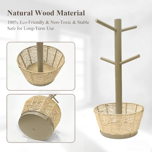 Wood Mug Holder Tree with Woven Basket