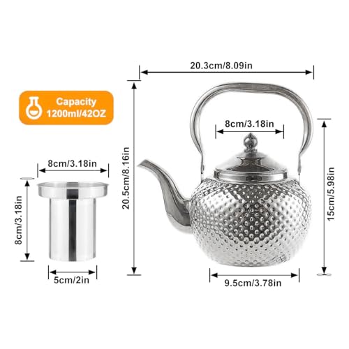 1200ml Teapot with Infuser Stainless Steel Lifting Handle Tea Maker Silver