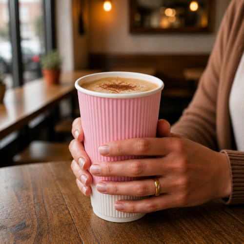 Ripple Wall Coffee Cups 25 Count 16 Ounce Insulated Light Pink Paper Cups