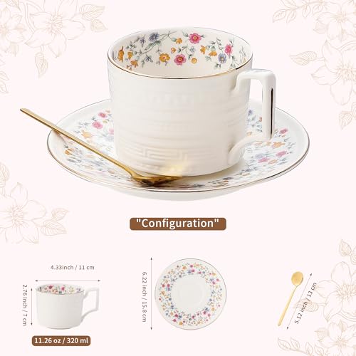 Country Roses Porcelain Tea Cup and Saucer Set with Gold Trim