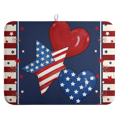 4th of July Star Dish Drying Mats Patriotic Hearts Dish Mat Blue Red Firework Drying Matt Dishes Dryer Pad for Kitchen Counter Absorbent Microfiber Washable Foldable Reusable 18x24 in