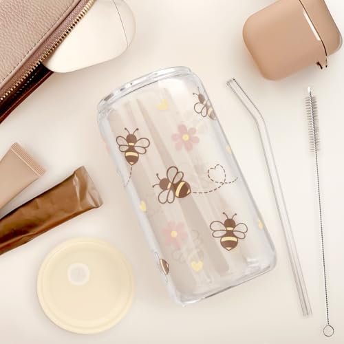 Bee 16oz Can Glass Tumbler with Acrylic Lid & Straw
