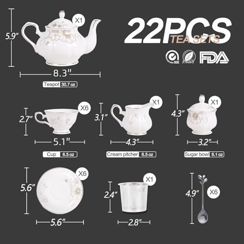 Tea Set 22 Piece Porcelain Ceramic Coffee (22 Count)