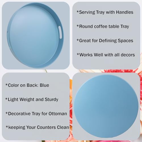 Round Blue Decorative Serving Tray with Handles