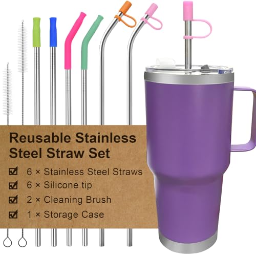 Reusable Stainless Steel Straws Set 6 PCS with 6 Silicone Tips (6 Count)