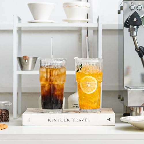 20oz Ribbed Glass Tumbler with bamboo Lid and Straw