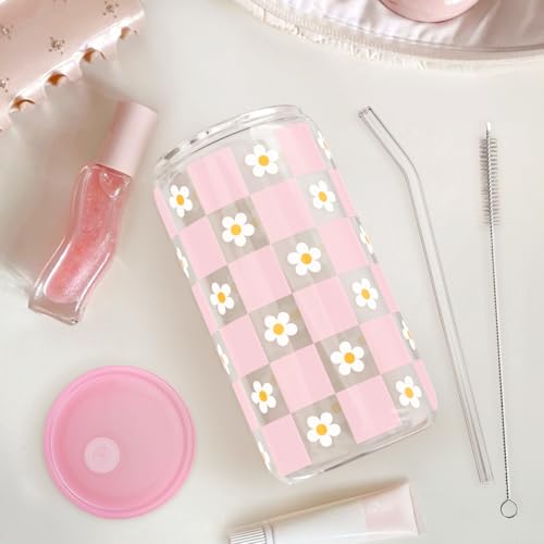 Checkerboard Daisies Glass Can