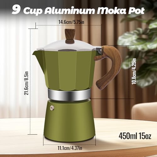 9 Cup Aluminum Moka Pot Classic Stovetop Espresso Coffee Maker 450ml 15oz Coffeemaker Percolator Mocha Pot Greca Coffee Maker Cafe Makers for Italian and Cuban Café Brewing Green