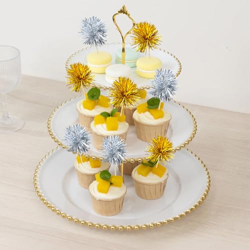 30Pcs Foil Firework Cupcake Toppers Party Birthday Cake Toppers Supplies Sparkle Tinsel Cocktail Fruit Toothpick for Birthday Wedding Graduation Party Supplies Gold Silver (30 Count)