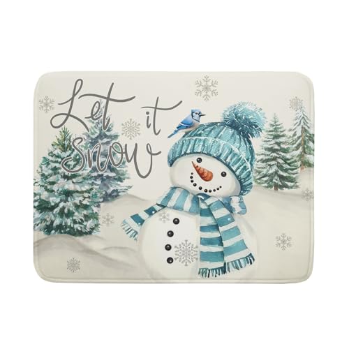 Blue Snowman Dish Drying Mat Xmas Trees Bird Winter Snowy Scene Dish Drainer Mats 18"x24" Microfiber Reversible Dish Drying Rack Pad Protector for Kitchen Countertop Decor