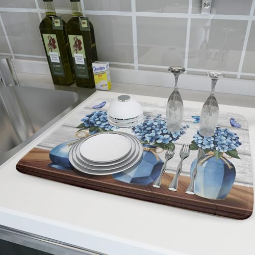 Blue Hydrangea Dish Drying Mat for Kitchen Vintage Wood Board Floral Butterfly Dish Drainer Mats 18x24inch Rustic Flowers Dish Drying Rack Pad Protector for Countertop Dining Decor