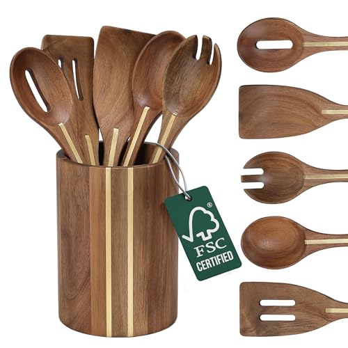 Acacia Utensil Set of 5 with Holder (6 Count)