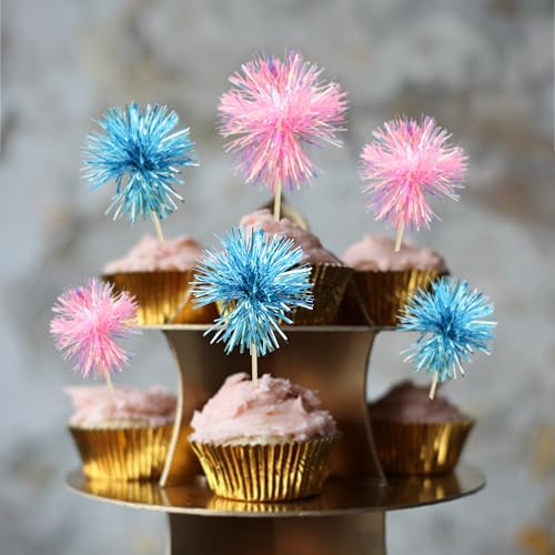 30Pcs Foil Firework Cupcake Toppers Sparkle Tinsel Cake Toppers Tinsel Drink Cake Decoration Cocktail Picks for Birthday Wedding Graduation Party Supplies Light Blue Pink (30 Count)