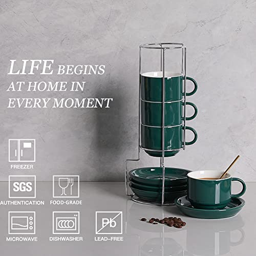 Sweejar Porcelain Cappuccino Cups with Saucers and Metal Stand (4 Count)