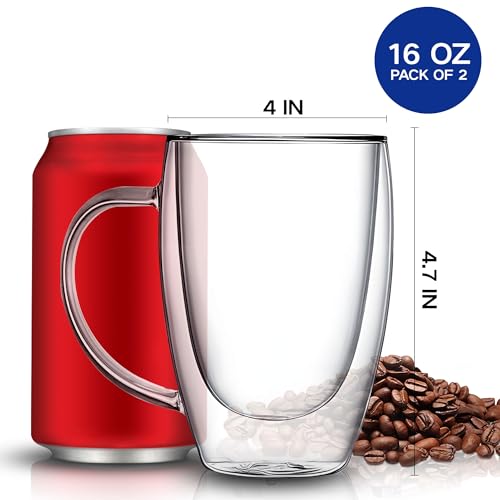 Set of 2 Double Walled Glass Coffee Mugs 16 Ounces Insulated Layer Coffee Cups with Handle Borosilicate Glass Espresso Cup for Hot Beverage (2 Count)