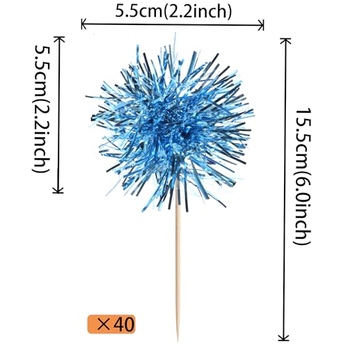 40 PCS Foil Firework Cupcake Toppers Light Blue Sparkler Cupcake Picks Sparkle Tinsel Fireworks Decorations Cocktail Fruit Toothpick for Firework Theme Birthday Wedding Graduation Party Decor Supplies (40 Count)