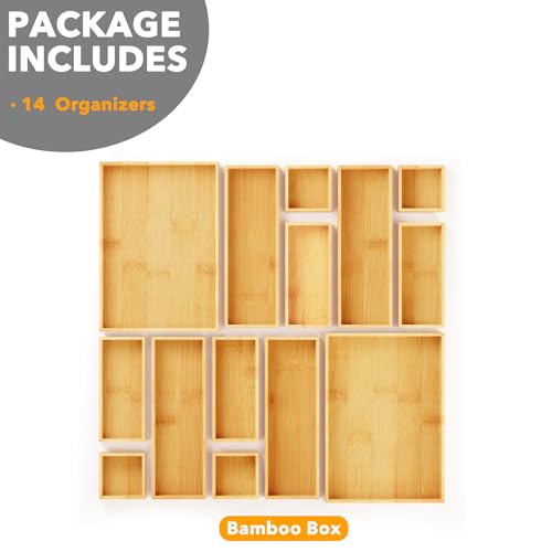 14 Piece Bamboo Drawer Organizer Storage Boxes Set