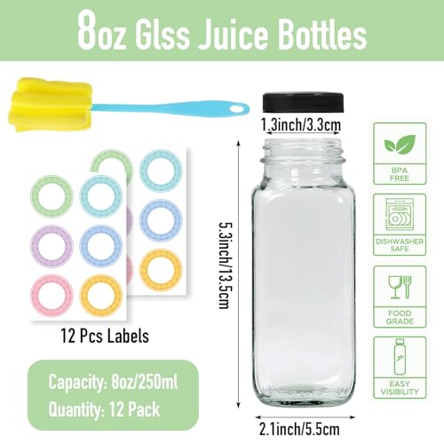12 pack 8 oz Glass Juice Bottles with Lids (12 Count)