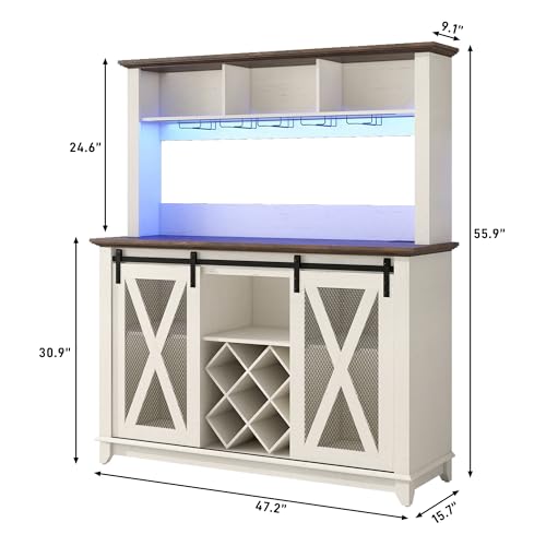 47" Wide 56" H Farmhouse Coffee Bar Cabinet with Power Outlet and LED Light