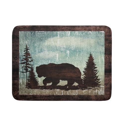 Retro Brown Bear Forest Cabin Dish Drying Mat Countertop 18x24 Fall Blue Sky Cloud Cartoon Wild Animal Bushes Drainer Mat Pine Tree Grass Dishes Pad Rustic Floral Dish Drainer Rack Wildlife