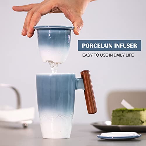 Tomotime Tea Cup with Infuser and Lid 400ml Ceramic Tea Mugs Smooth Inner Wall Wooden Handle 13.5 oz