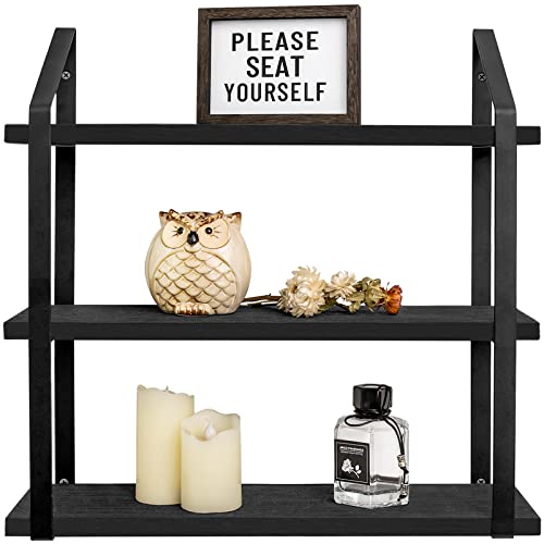 Floating Wall Shelves 3 Tier Rustic Hanging Shelf with Metal Bracket Wall Mount Wood Storage Display Shelves for Living Room Bathroom Bedroom Kitchen Office