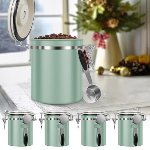 4PCS Coffee Storage Canister 1.5L 51OZ Double Airtight Coffee Beans Container with Date Locator 304 Stainless Steel Kitchen Food Storage Container with Spoon For Coffee Beans Grounds Tea Sugar (4 Count)