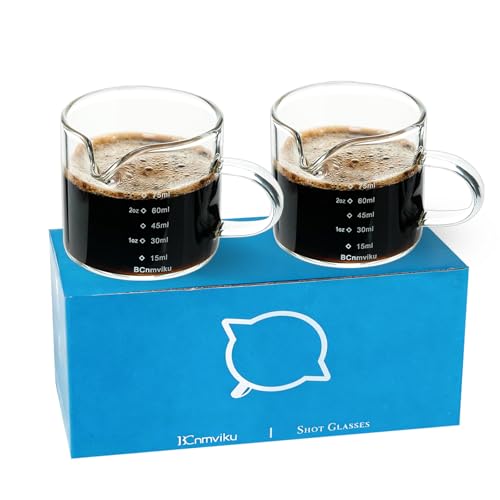 2 PACK Espresso Glass Measuring Cup Triple Pitcher Milk Cup 75ML Espresso Cups with Handle Shot Glass with V (2 Count)